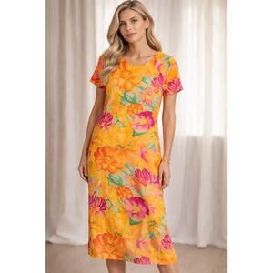 Carole Little Dresses Floral Midi Dress Yellow Orange Pink Rayon Size 14